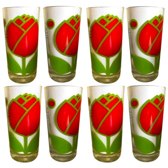Set of 8 Eight Vintage MCM Colony Tulip Flower Olives Highball Drinking Glasses - Picture 4 of 11